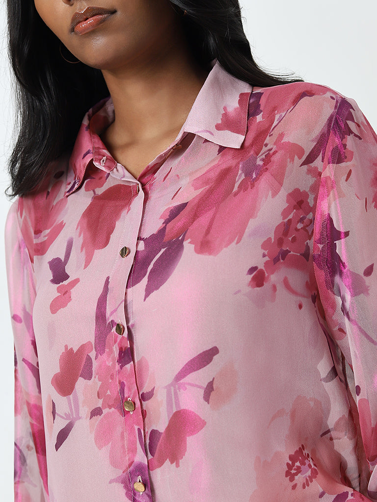 Wardrobe Light Pink Floral Pattern Shirt with Camisole