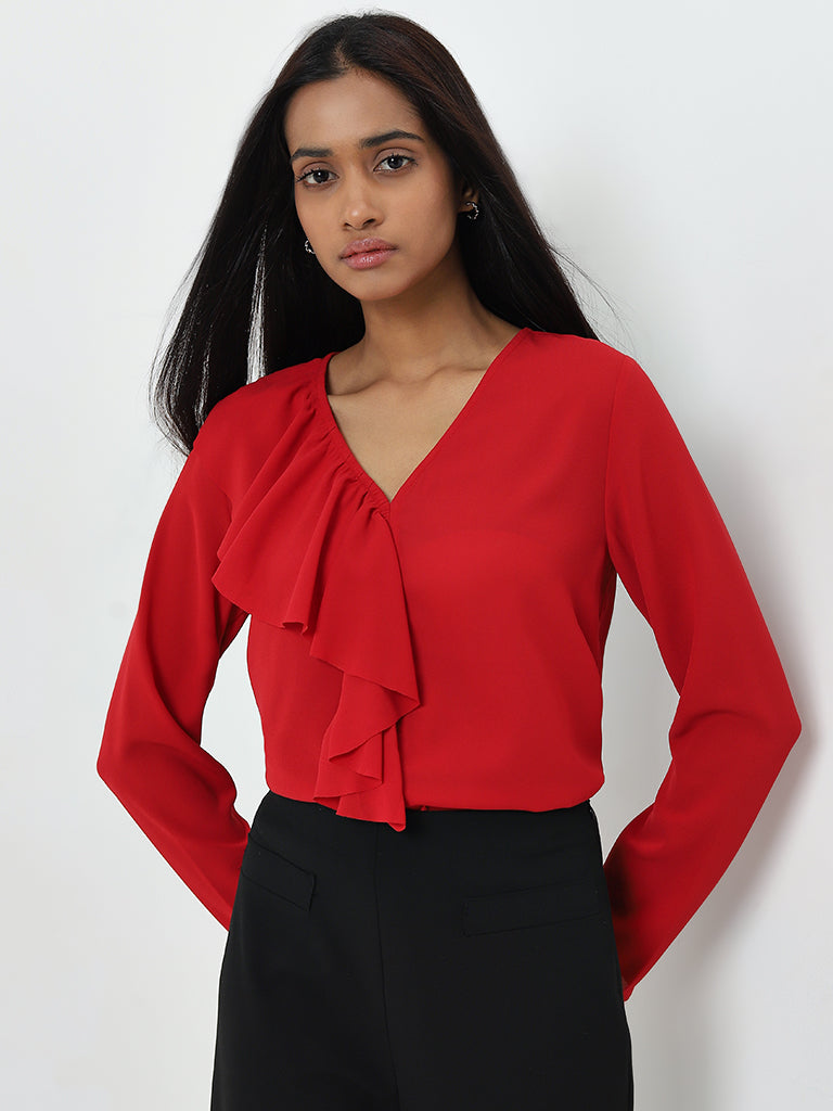 Wardrobe Red Ruffle-Detailed Top