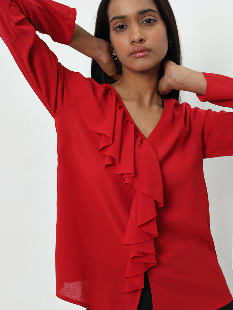 Wardrobe Red Ruffle-Detailed Top