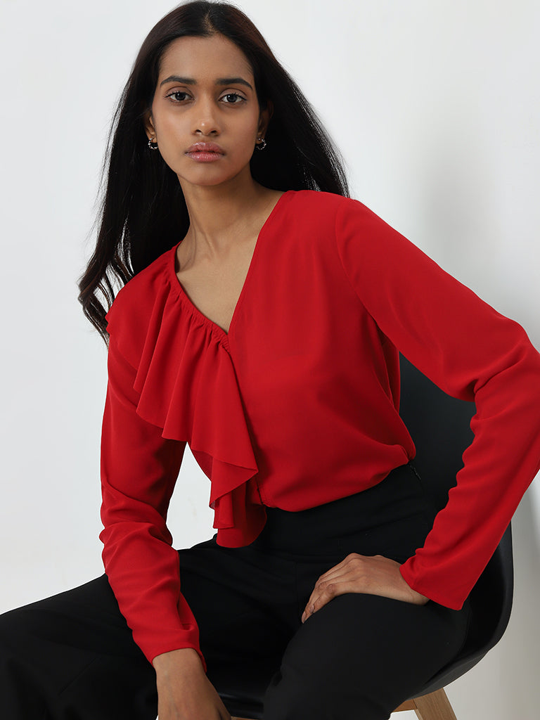 Wardrobe Red Ruffle-Detailed Top