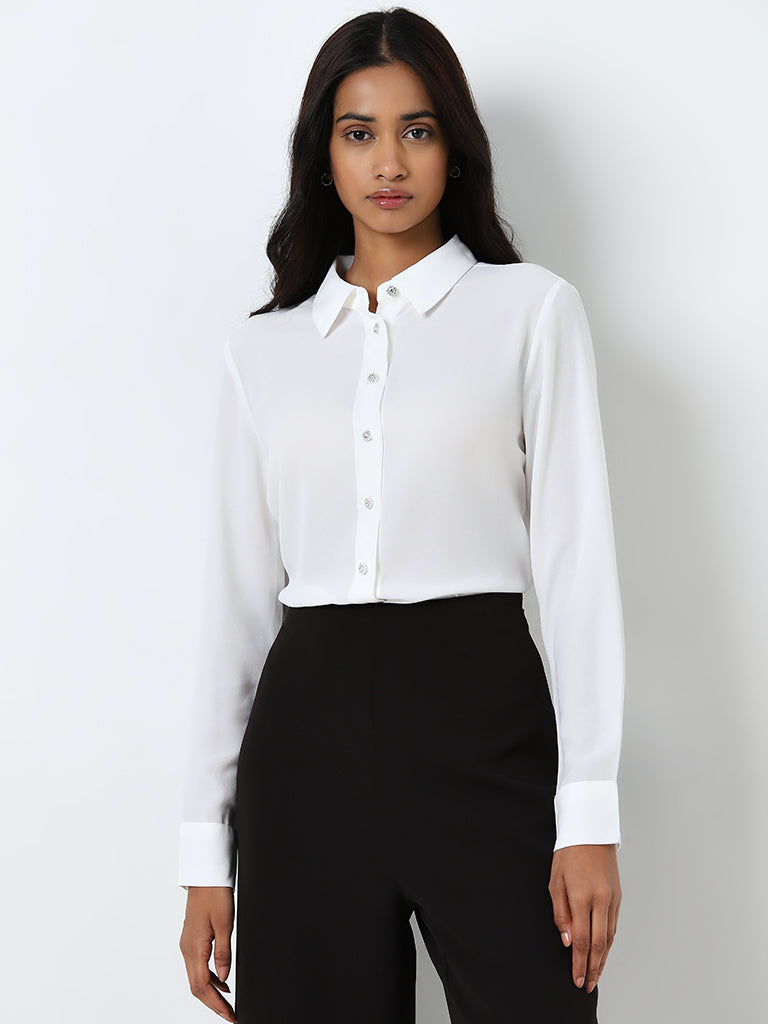 Wardrobe Solid White Diamante Shirt