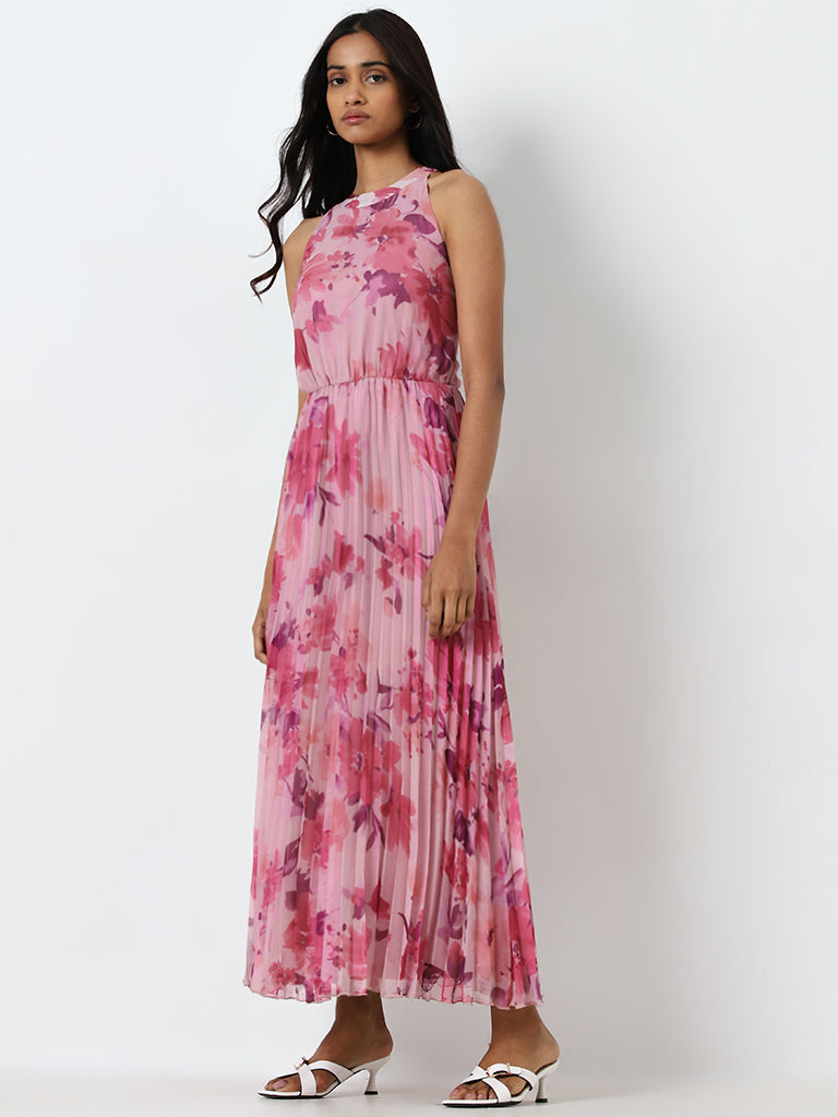 Wardrobe Pink Floral Pleated A-Line Dress