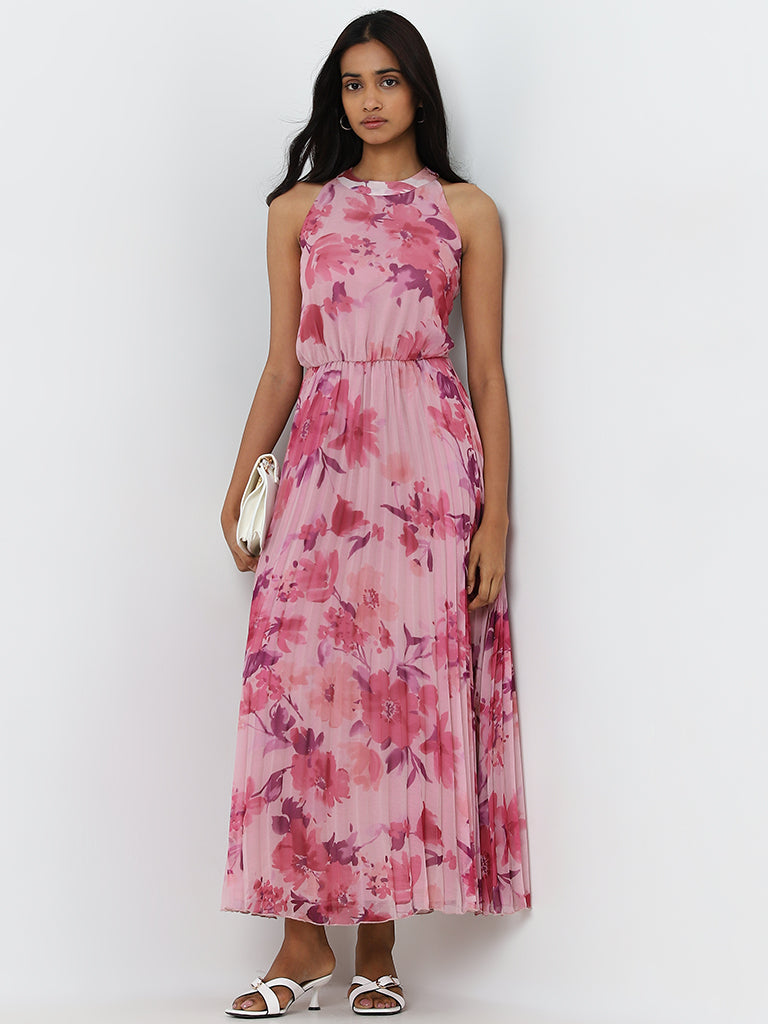 Wardrobe Pink Floral Pleated A-Line Dress