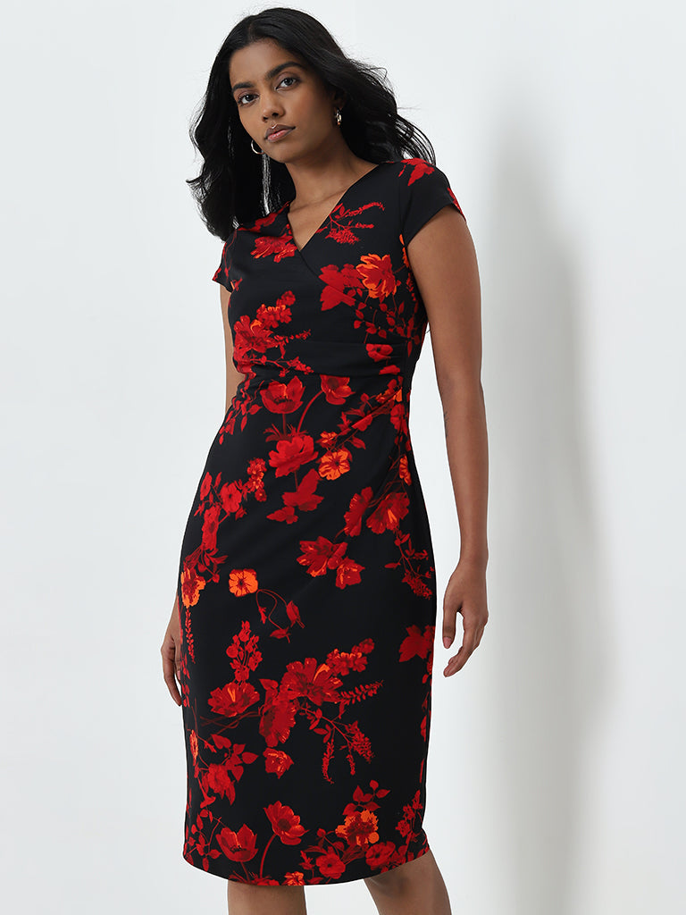 Wardrobe Black Floral Printed Straight Dress