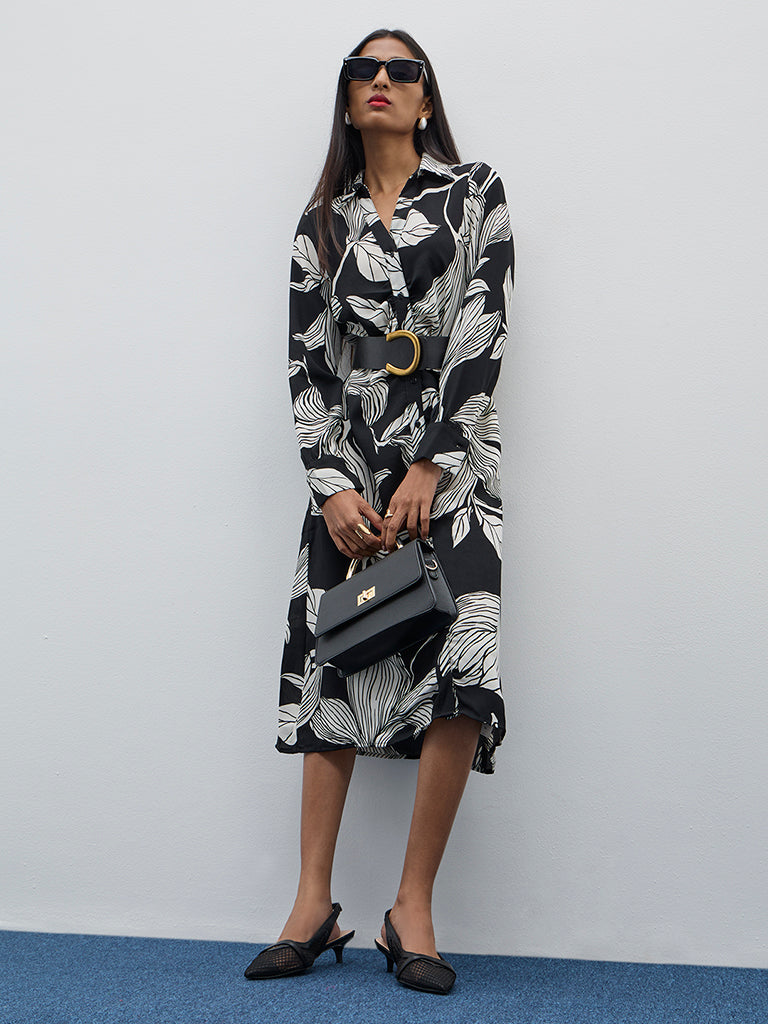 Wardrobe Black Botanical Printed A-Line Dress