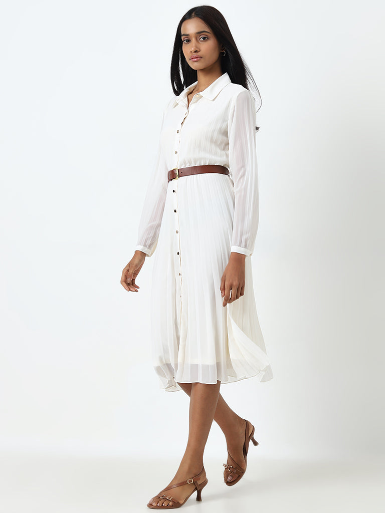 Wardrobe Off-White Pleated Shirt Dress with Belt