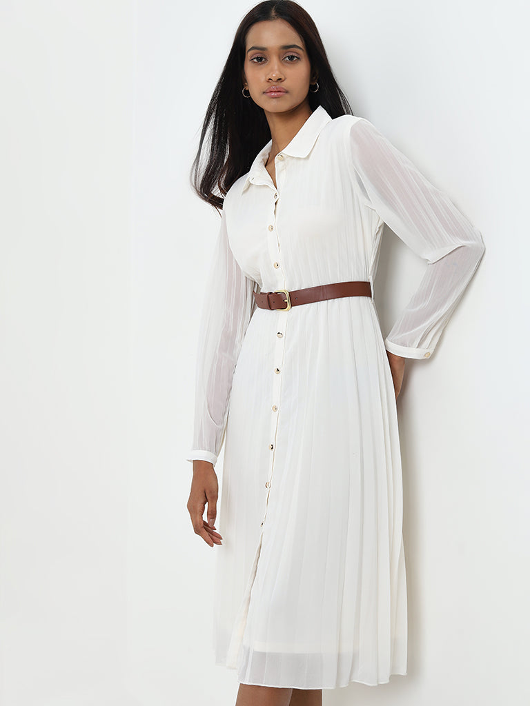 Wardrobe Off-White Pleated Shirt Dress with Belt