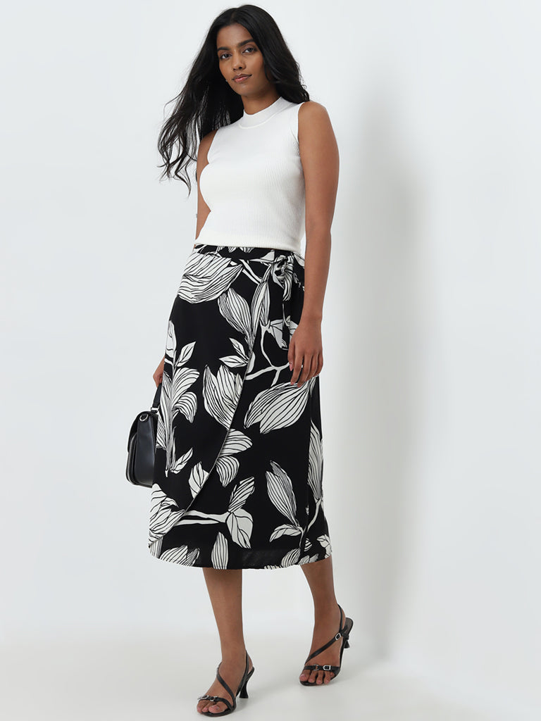 Wardrobe Black Floral Wrap-Style High-Rise Skirt