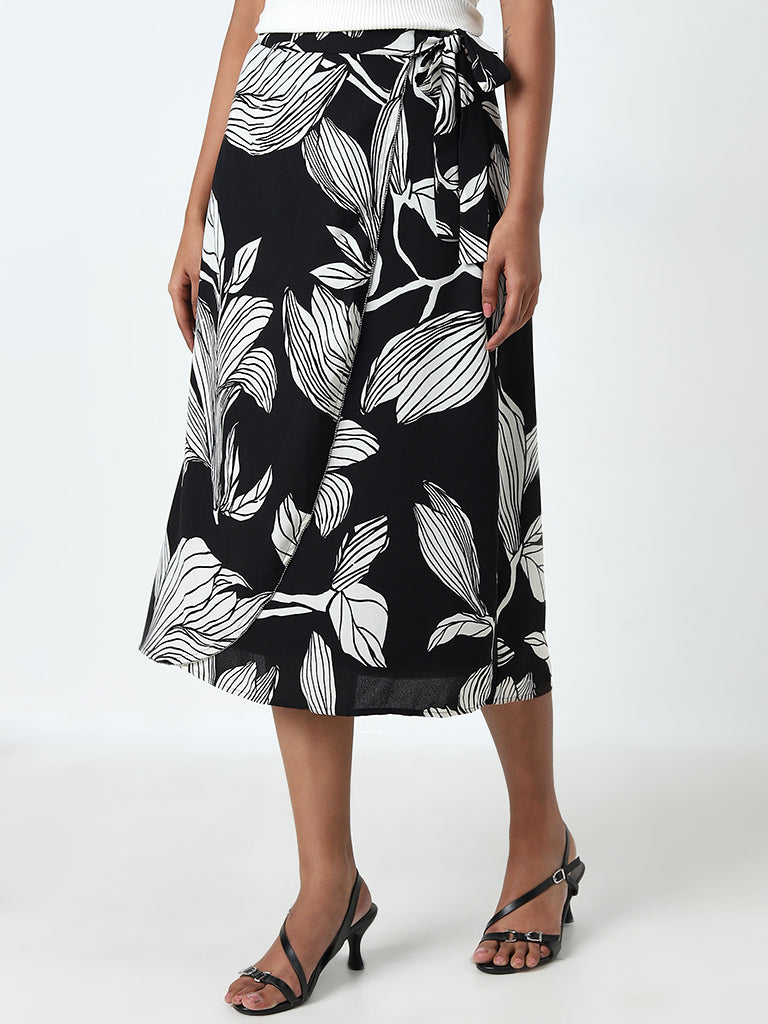 Wardrobe Black Floral Wrap-Style High-Rise Skirt