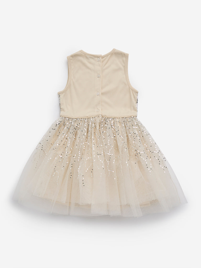 HOP Kids Beige Sequin Embellished Party Dress