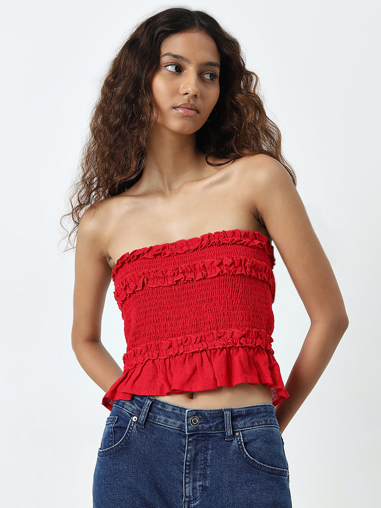 Nuon Red Smocked Ruffle-Detailed Blended Linen Top