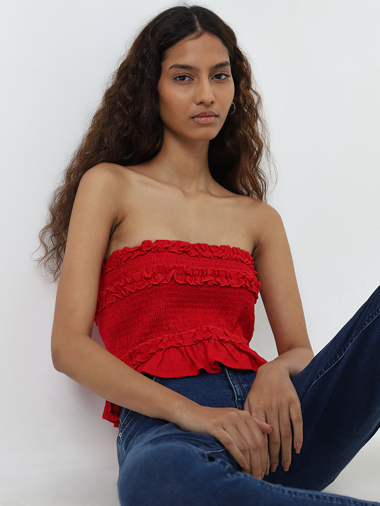 Nuon Red Smocked Ruffle-Detailed Blended Linen Top