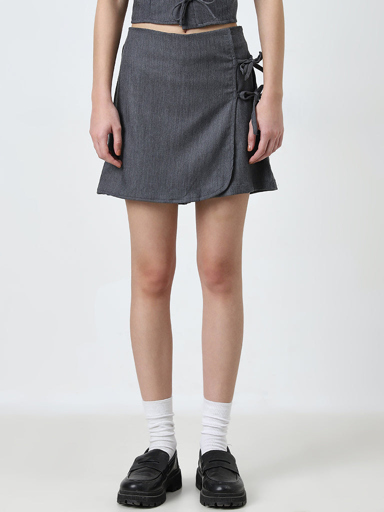 Nuon Grey Bow-Detailed High-Rise Skort