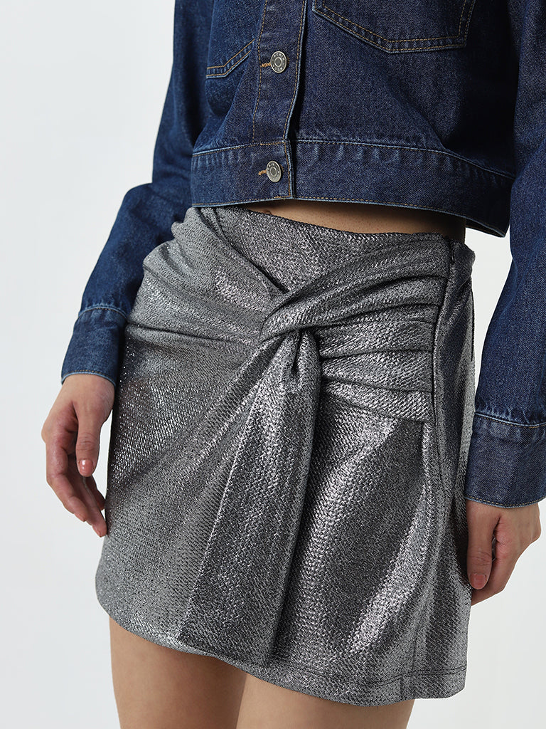 Nuon Silver Metallic Knot-Detail High-Rise Cotton Skort