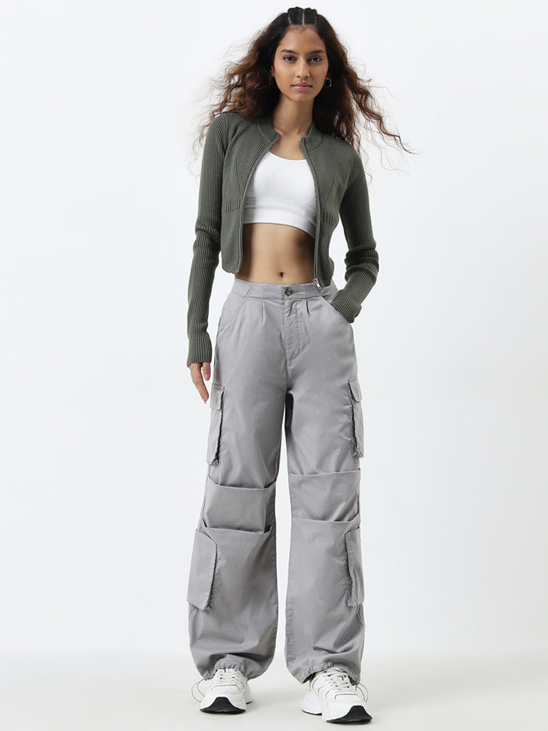 Nuon Grey High-Rise Cotton Blend Pants