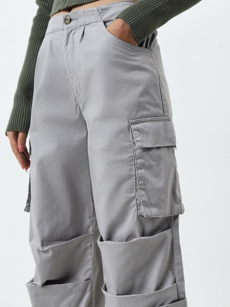 Nuon Grey High-Rise Cotton Blend Pants