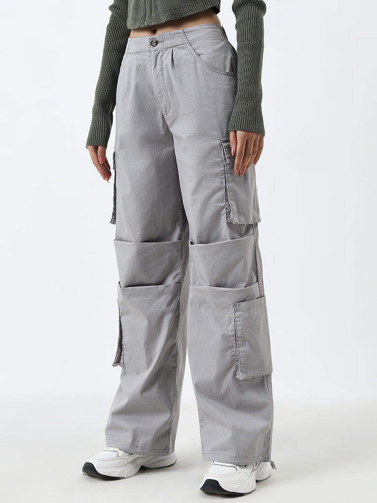 Nuon Grey High-Rise Cotton Blend Pants