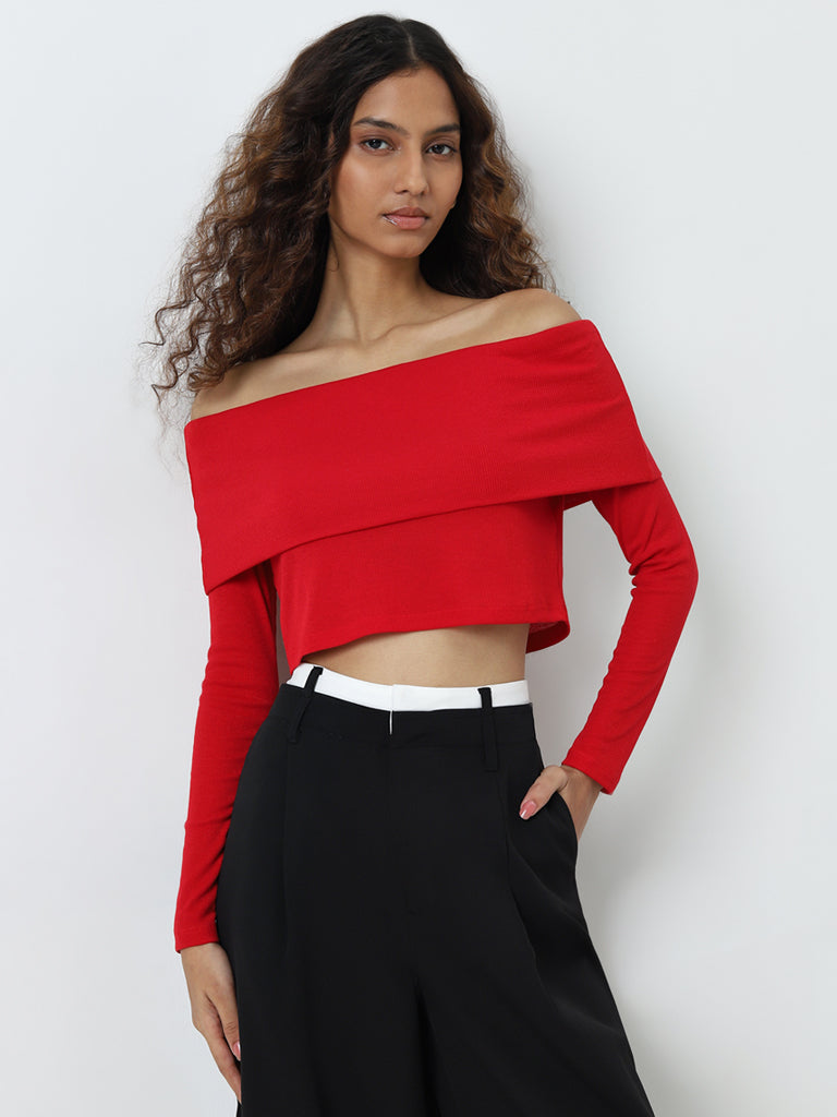 Nuon Red Ribbed Off-Shoulder Top