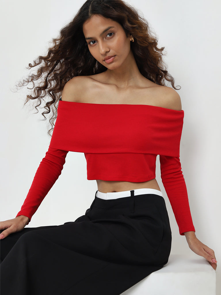 Nuon Red Ribbed Off-Shoulder Top