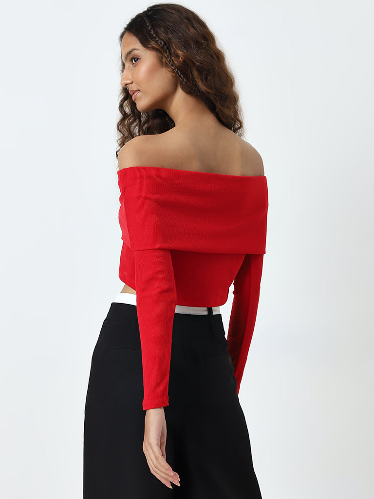 Nuon Red Ribbed Off-Shoulder Top