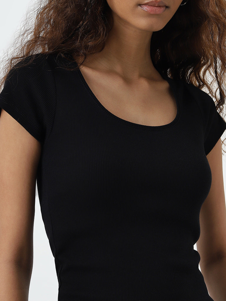 Nuon Black Ribbed Cotton Blend T-Shirt