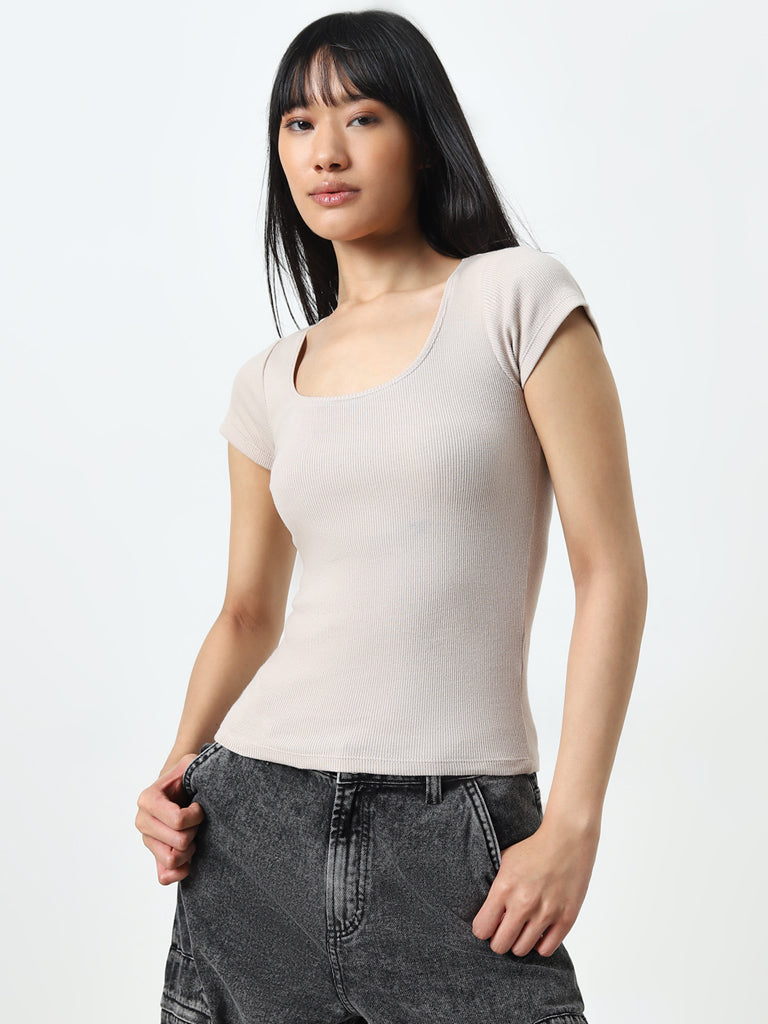 Nuon Beige Ribbed Cotton Blend T-Shirt