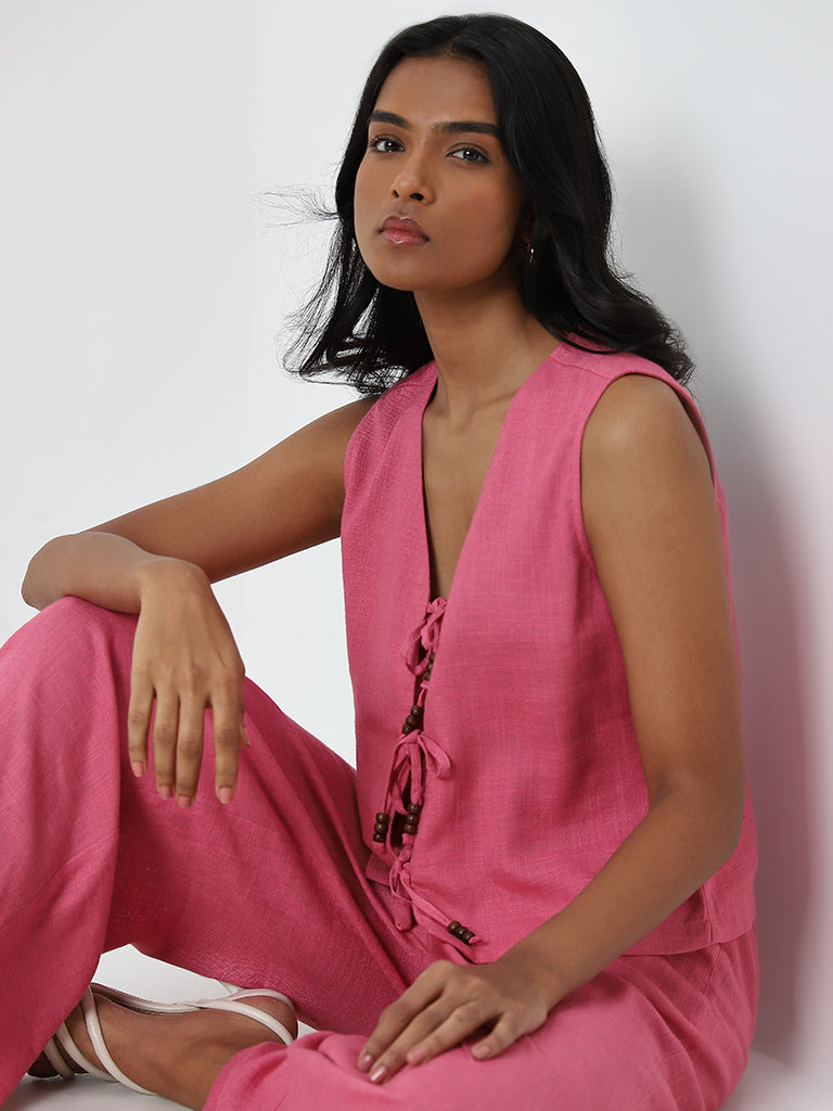 LOV Pink Solid Blended Linen Top