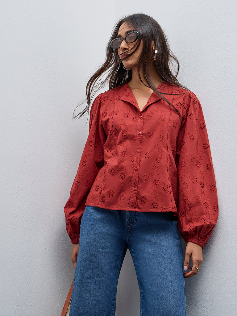 LOV Rust Schiffli Design Cotton Blouse