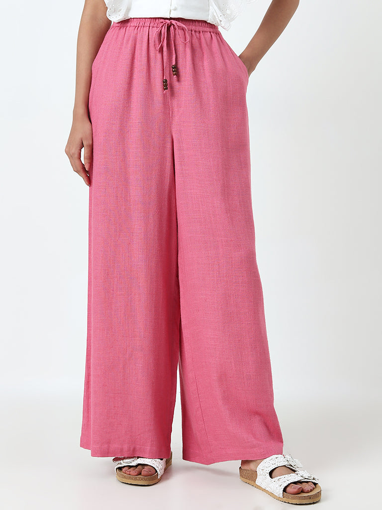 LOV Pink Solid High-Rise Blended Linen Pants