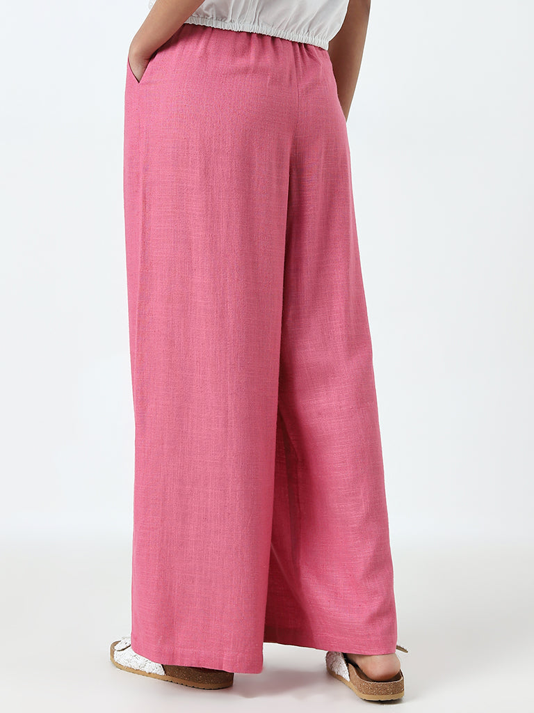 LOV Pink Solid High-Rise Blended Linen Pants