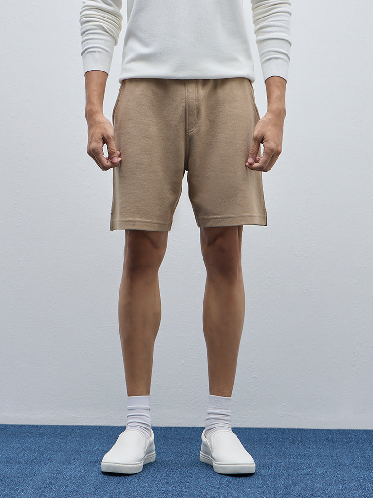 WES Lounge Beige Waffle-Textured Relaxed-Fit Mid-Rise Shorts