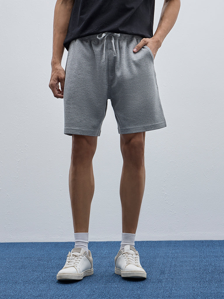 WES Lounge Grey Waffle-Textured Relaxed-Fit Mid-Rise Shorts