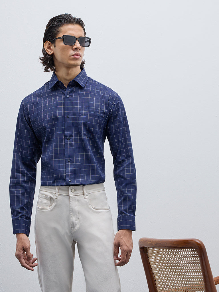 WES Formals Navy Checkered Relaxed-Fit Shirt