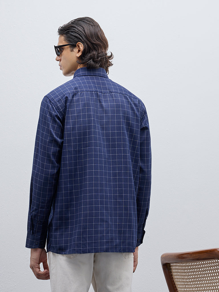 WES Formals Navy Checkered Relaxed-Fit Shirt