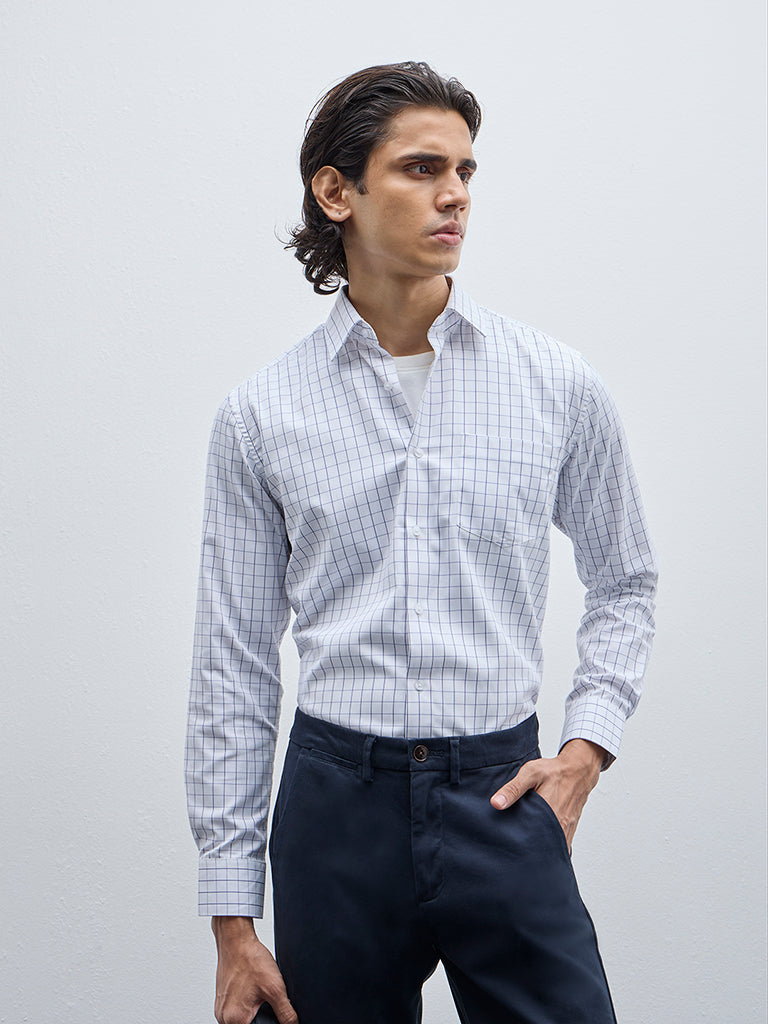 WES Formals White Checkered Slim-Fit Shirt