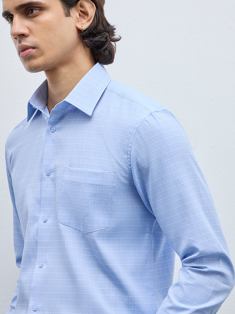 WES Formals Blue Checkered Slim-Fit Shirt