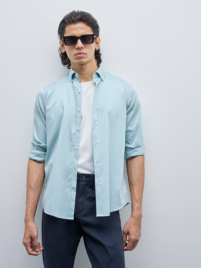 WES Formals Light Blue Slim-Fit Cotton Shirt