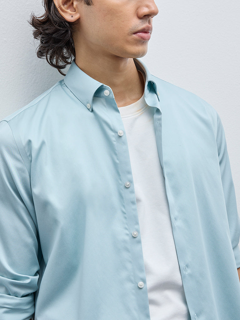 WES Formals Light Blue Slim-Fit Cotton Shirt