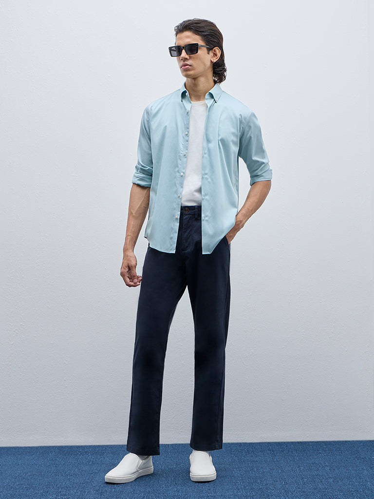 WES Formals Light Blue Slim-Fit Cotton-Blend Shirt