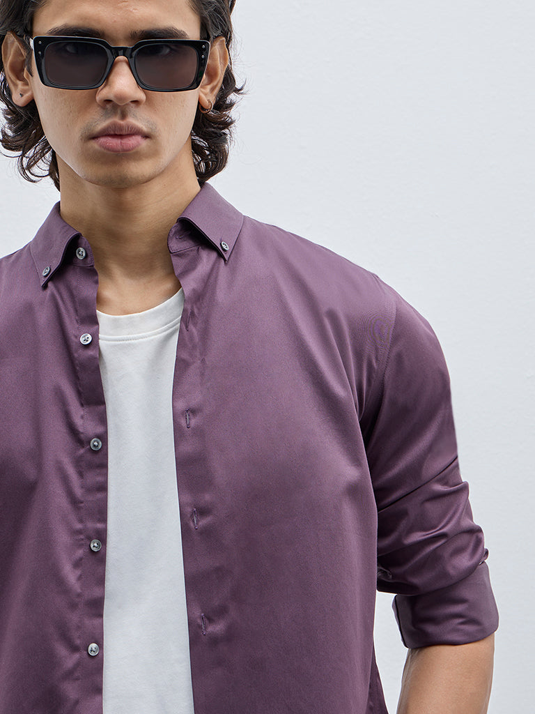 WES Formals Purple Slim-Fit Cotton Blend Shirt