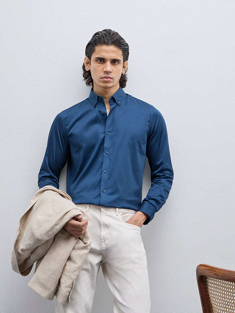 WES Formals Teal Slim-Fit Cotton-Blend Shirt