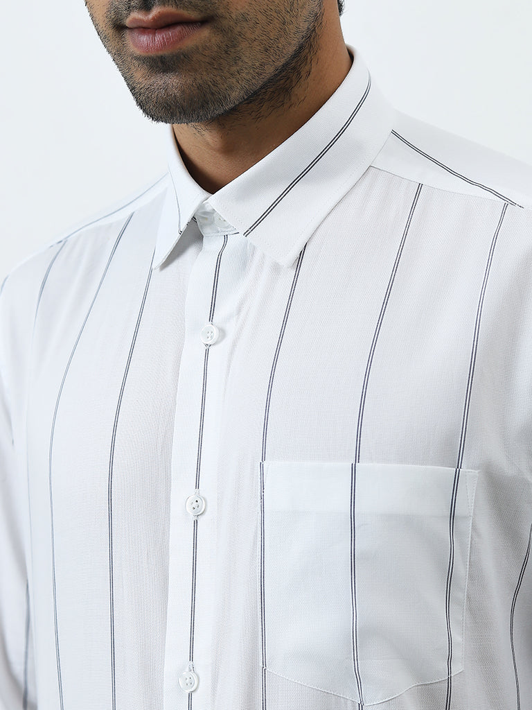 WES Formals White Double Striped Relaxed-Fit Cotton Shirt