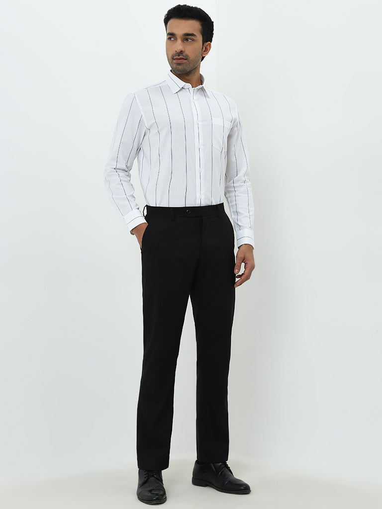 WES Formals White Double Striped Relaxed-Fit Cotton Shirt