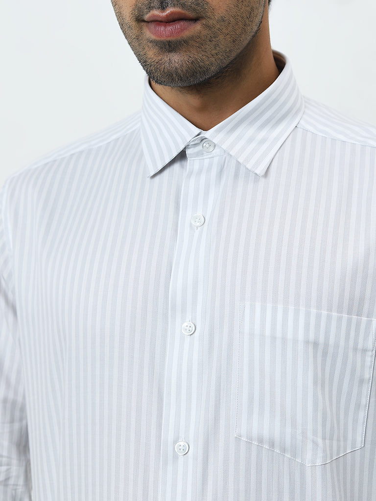 WES Formals Grey Striped Relaxed-Fit Cotton Shirt