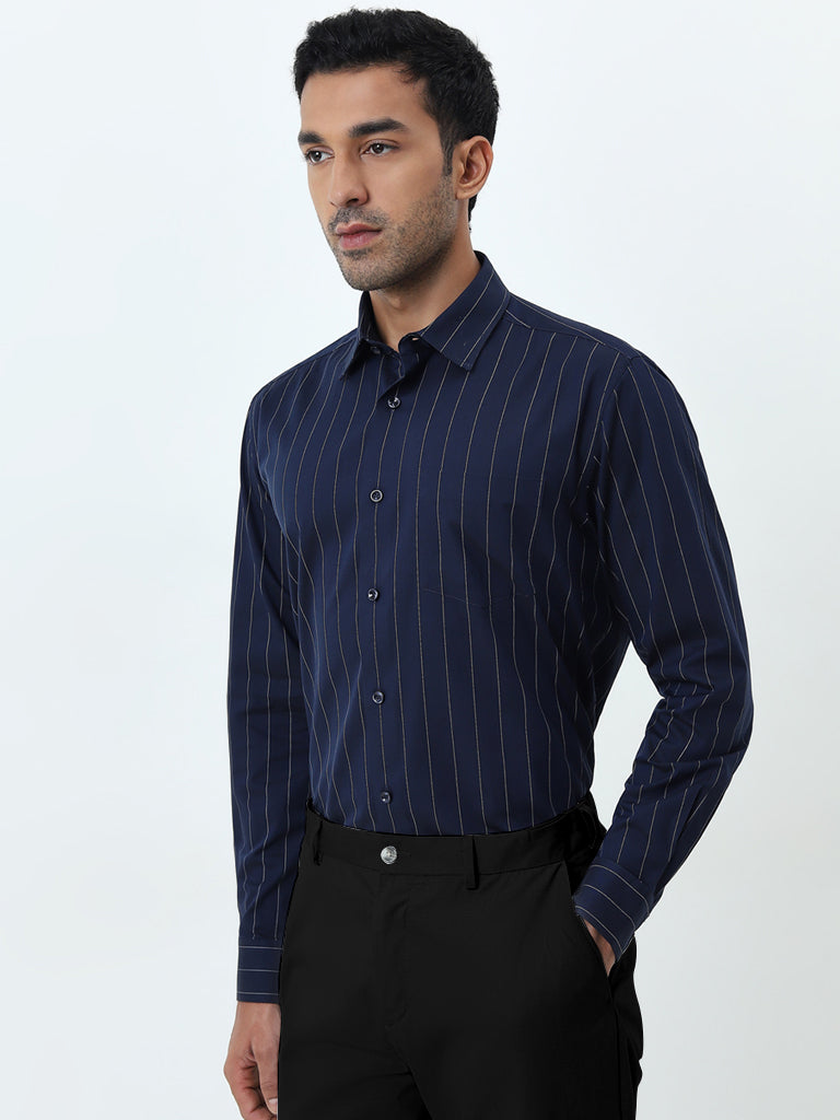 WES Formals Navy Striped Relaxed-Fit Cotton Shirt