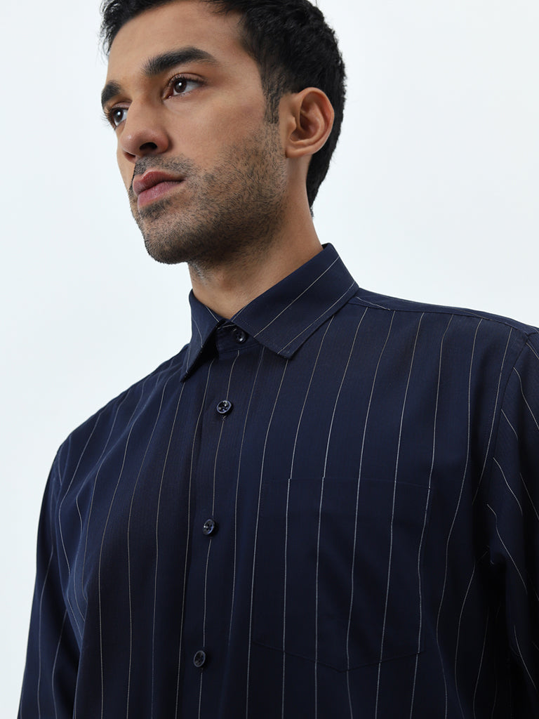 WES Formals Navy Striped Relaxed-Fit Cotton Shirt