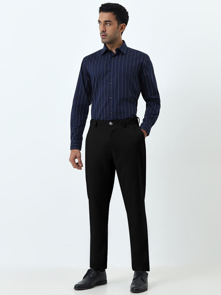 WES Formals Navy Striped Relaxed-Fit Cotton Shirt