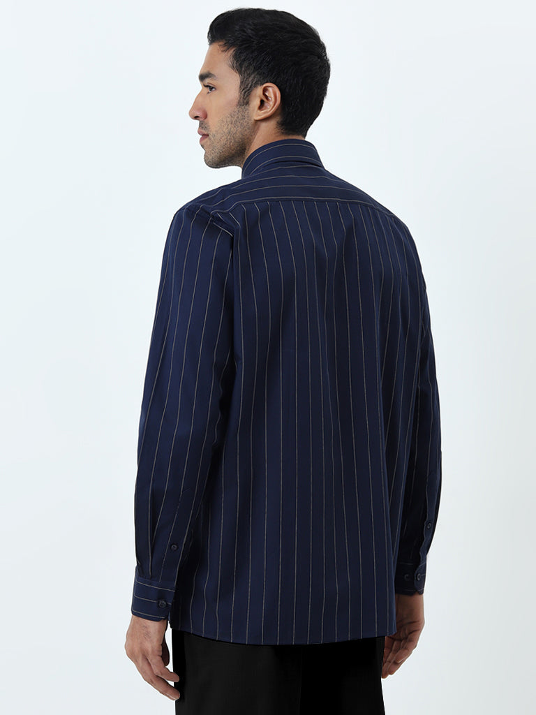 WES Formals Navy Striped Relaxed-Fit Cotton Shirt