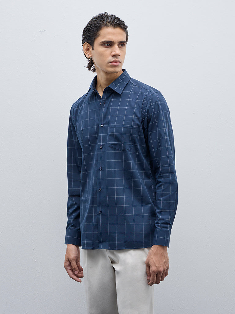 WES Formals Navy Checkered Slim-Fit Cotton Shirt