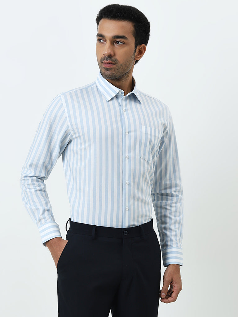 WES Formals Blue Striped Slim-Fit Cotton Shirt